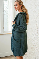 Toolara Cardigan - Thick Cable Knit Hooded Cardigan with Pocket in Military Green