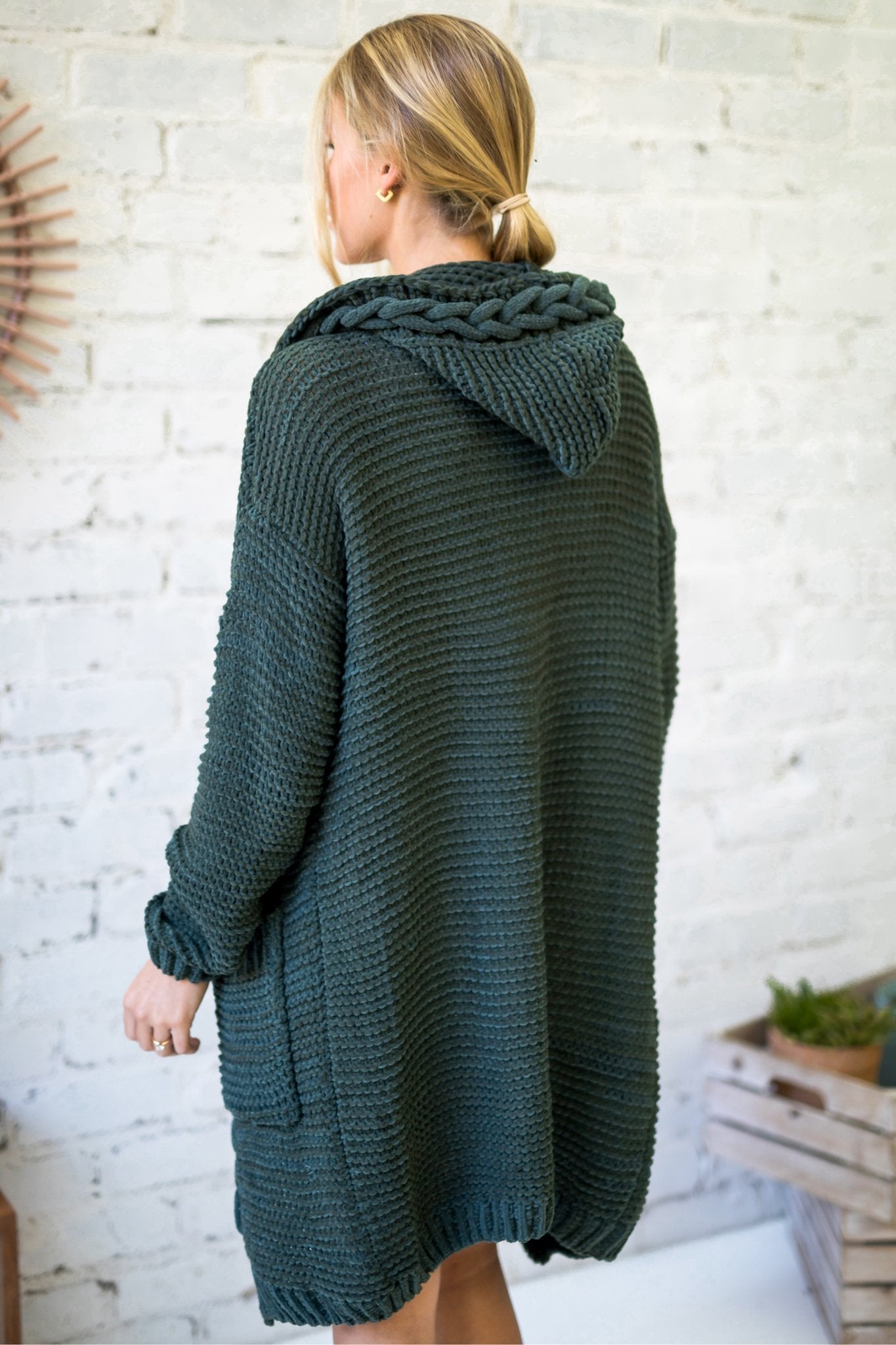 Toolara Cardigan - Thick Cable Knit Hooded Cardigan with Pocket in Military Green