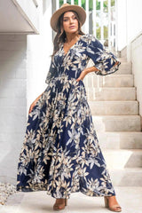 Frigg Maxi Dress - Buttoned Bodice A Line Dress With Flute Sleeves In Navy