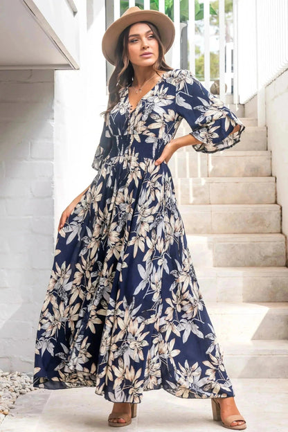 Frigg Maxi Dress - Buttoned Bodie A Line Dress With Flute Sleeves In Navy