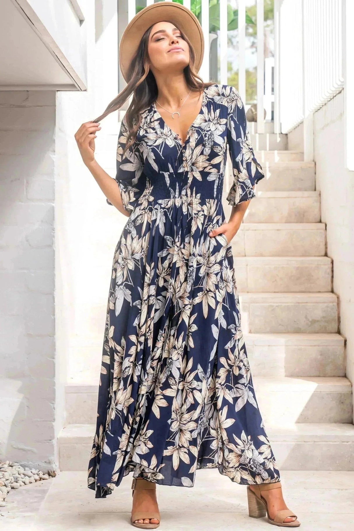 Frigg Maxi Dress - Buttoned Bodice A Line Dress With Flute Sleeves In Navy