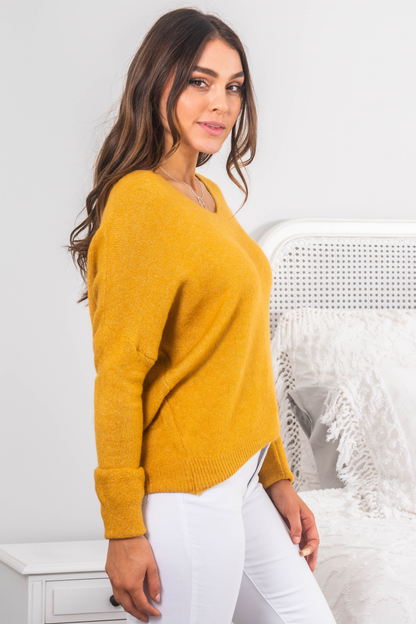 Carol Knit Top - Soft V Neck Batwing Sleeve Knit Top in Mustard