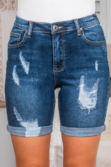 Georgia Distressed Detail Long Denim Shorts in Dark Denim