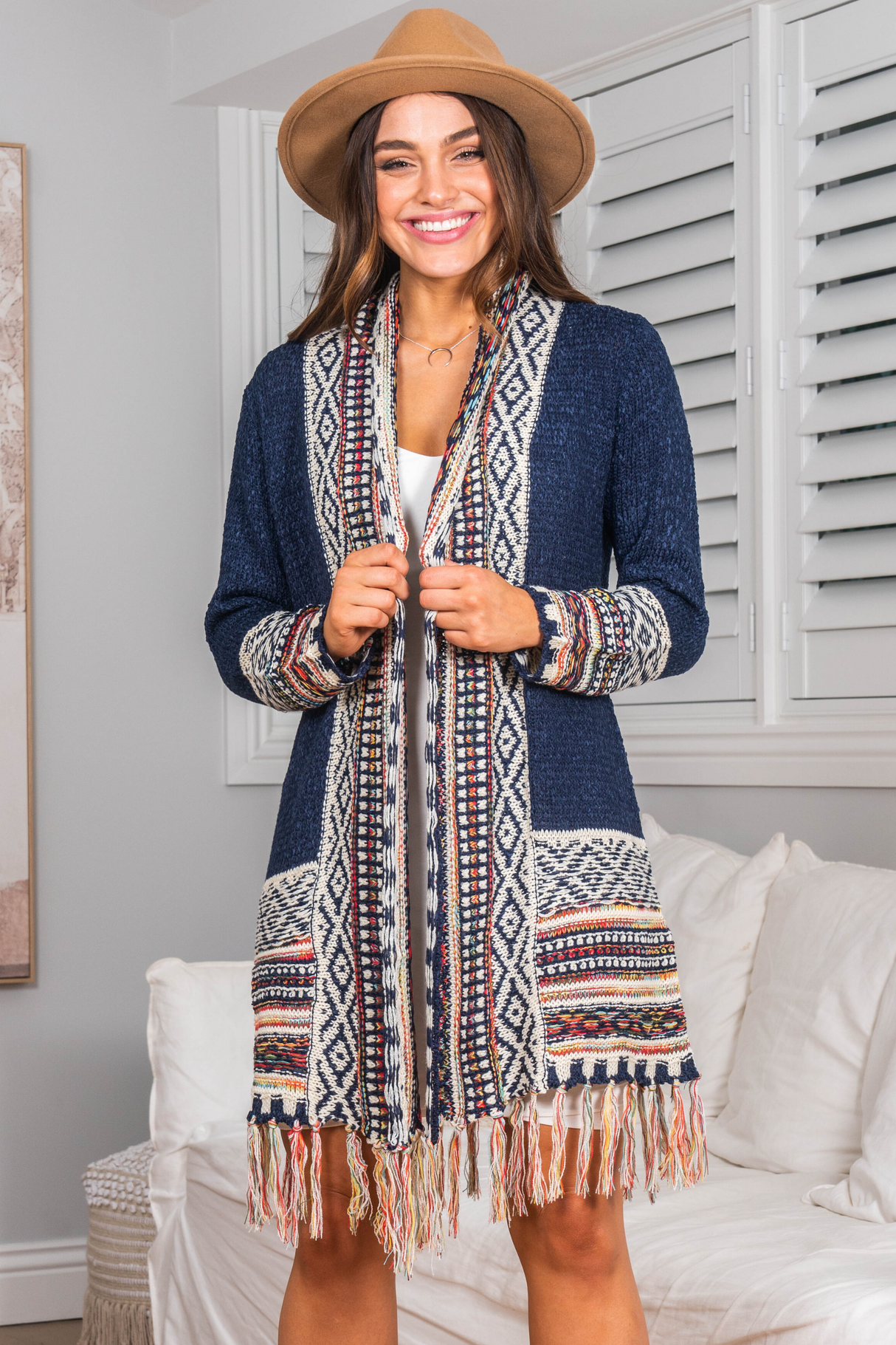 Pasadena Cardigan - Open Front Graphic Border Print with Tassel Hemline in Navy