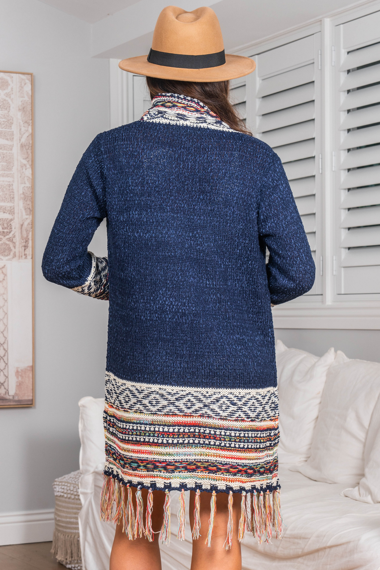 Pasadena Cardigan - Open Front Graphic Border Print with Tassel Hemline in Navy