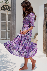 JAASE - Cardinal Midi Dress: V-Neck Shift Dress with Lace Splicing and Optional Waist Tie in Rhodium Print