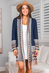 Pasadena Cardigan - Open Front Graphic Border Print with Tassel Hemline in Navy