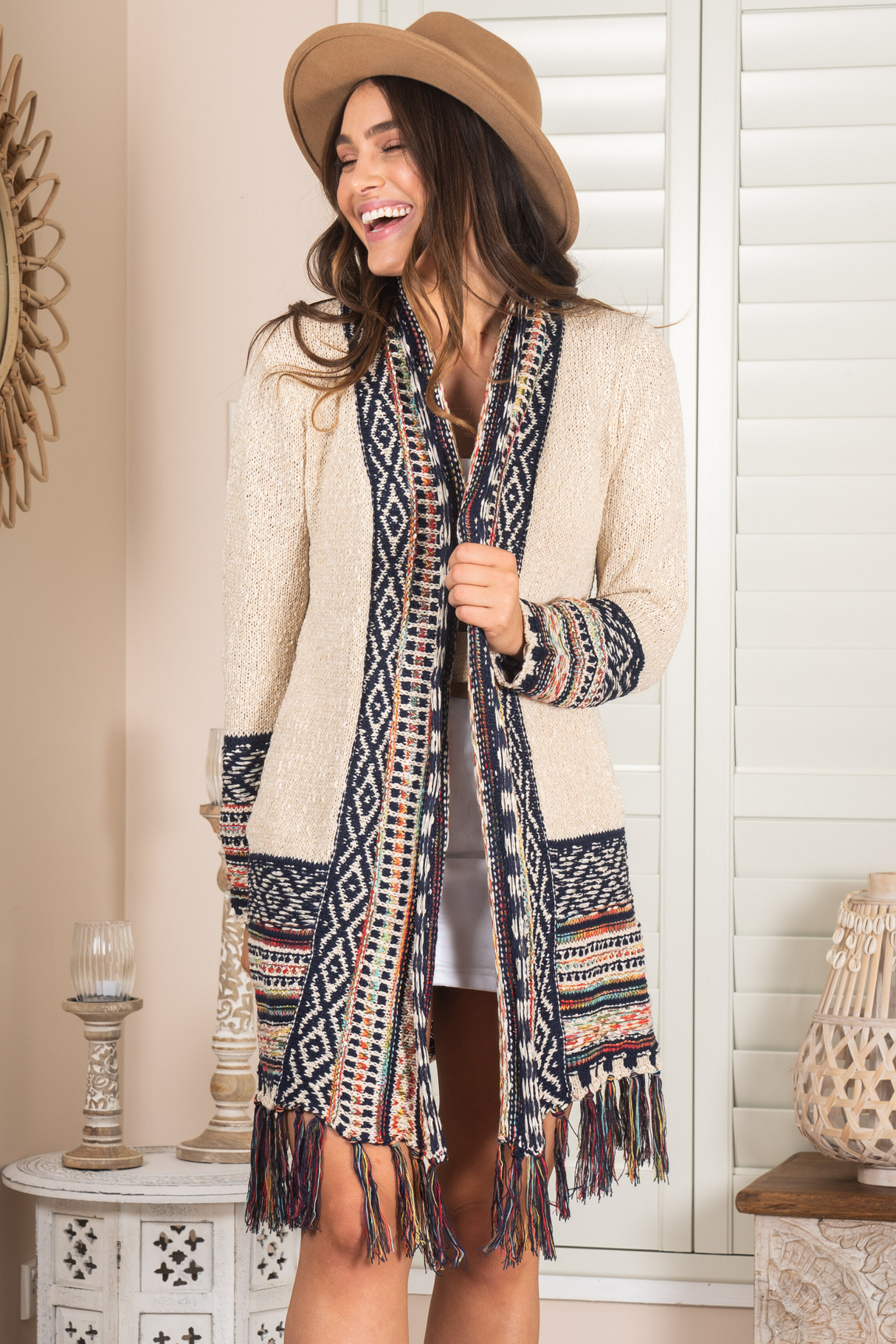 Pasadena Cardigan - Open Front Graphic Border Print with Tassel Hemline in Beige