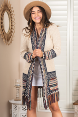 Pasadena Cardigan - Open Front Graphic Border Print with Tassel Hemline in Beige