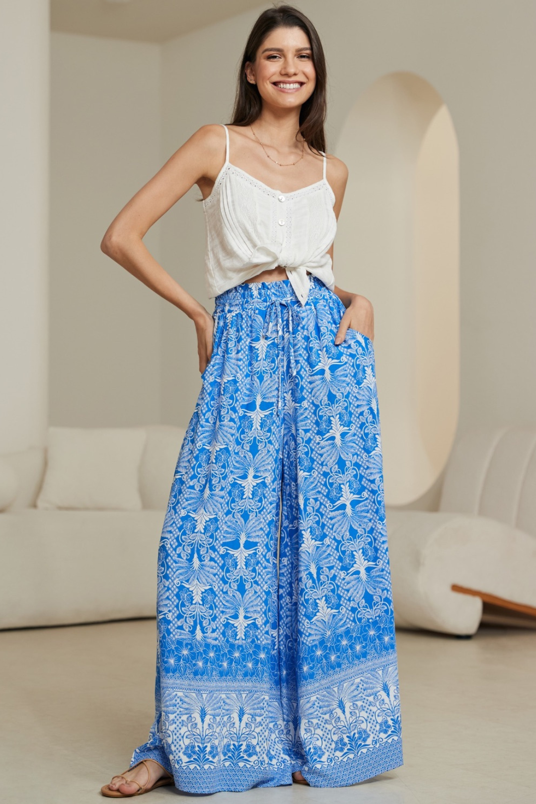 Charli Pants -  Paper Bag High Waisted Wide Leg Pants in Melina Print