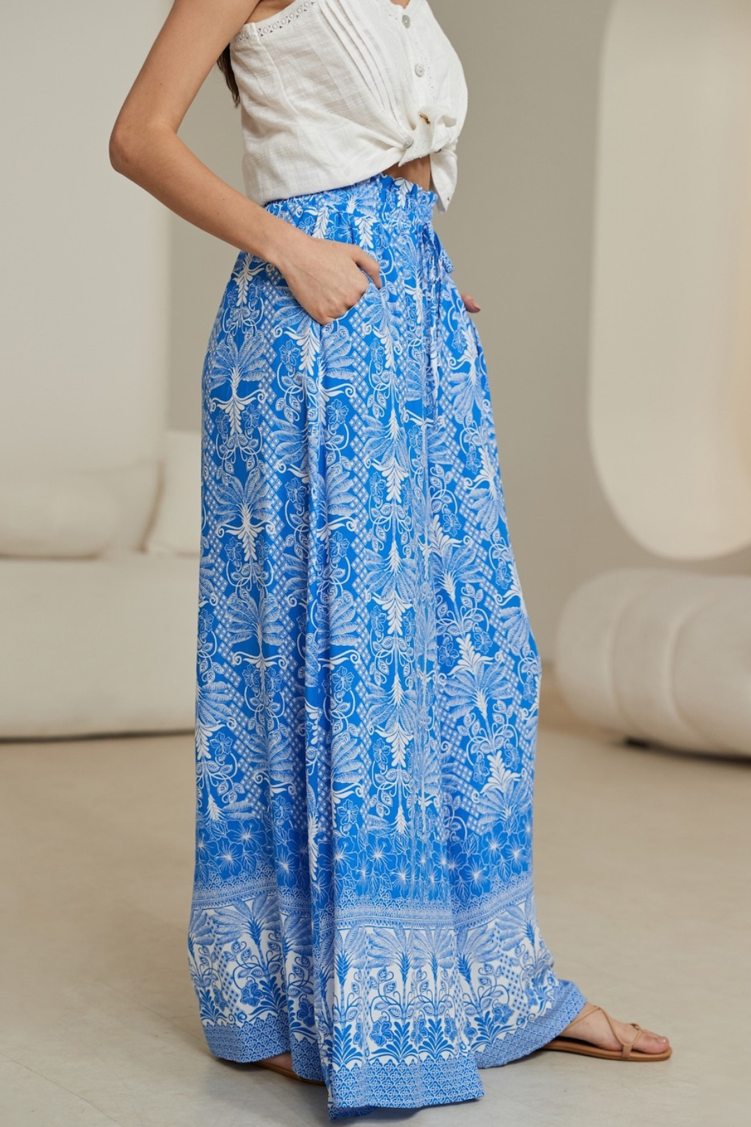 Charli Pants -  Paper Bag High Waisted Wide Leg Pants in Melina Print