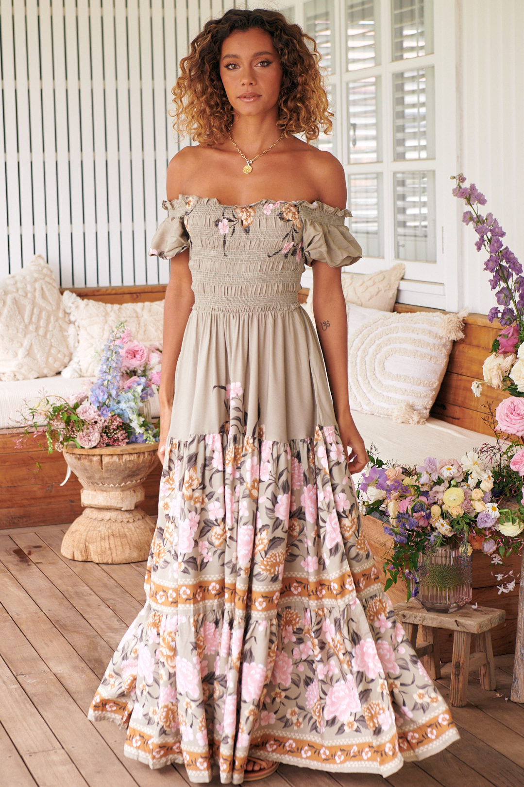 Claudette Maxi Dress On or Off Shoulder Elasticated Bodice Short Balloon Sleeve Dress Adore You Print