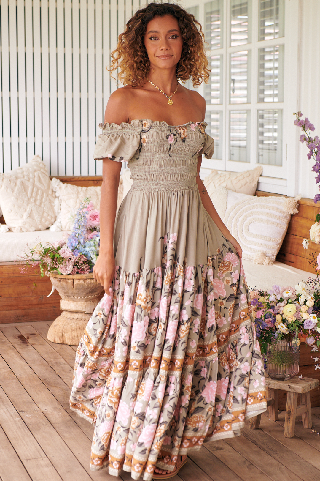 JAASE - Claudette Maxi Dress: On or Off Shoulder Elasticated Bodice Short Balloon Sleeve Dress in Adore You Print