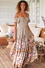 JAASE - Claudette Maxi Dress: On or Off Shoulder Elasticated Bodice Short Balloon Sleeve Dress in Adore You Print