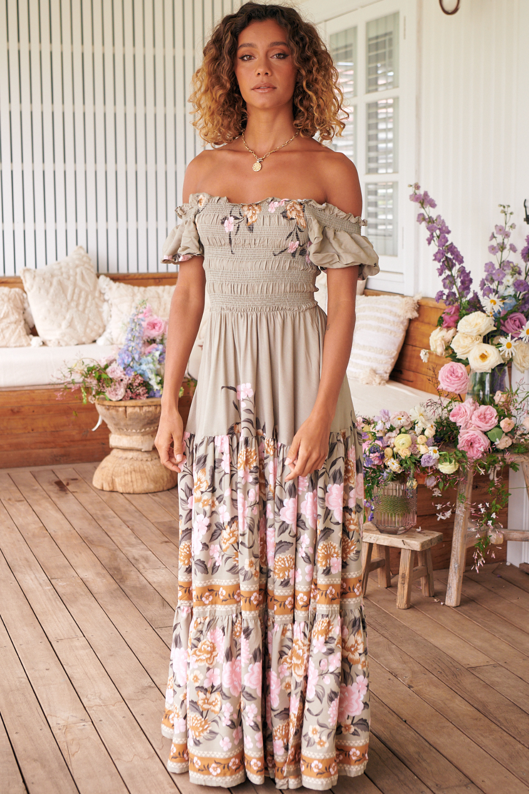 JAASE - Claudette Maxi Dress: On or Off Shoulder Elasticated Bodice Short Balloon Sleeve Dress in Adore You Print