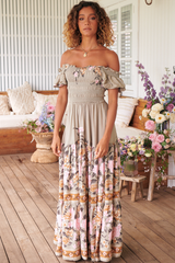 JAASE - Claudette Maxi Dress: On or Off Shoulder Elasticated Bodice Short Balloon Sleeve Dress in Adore You Print