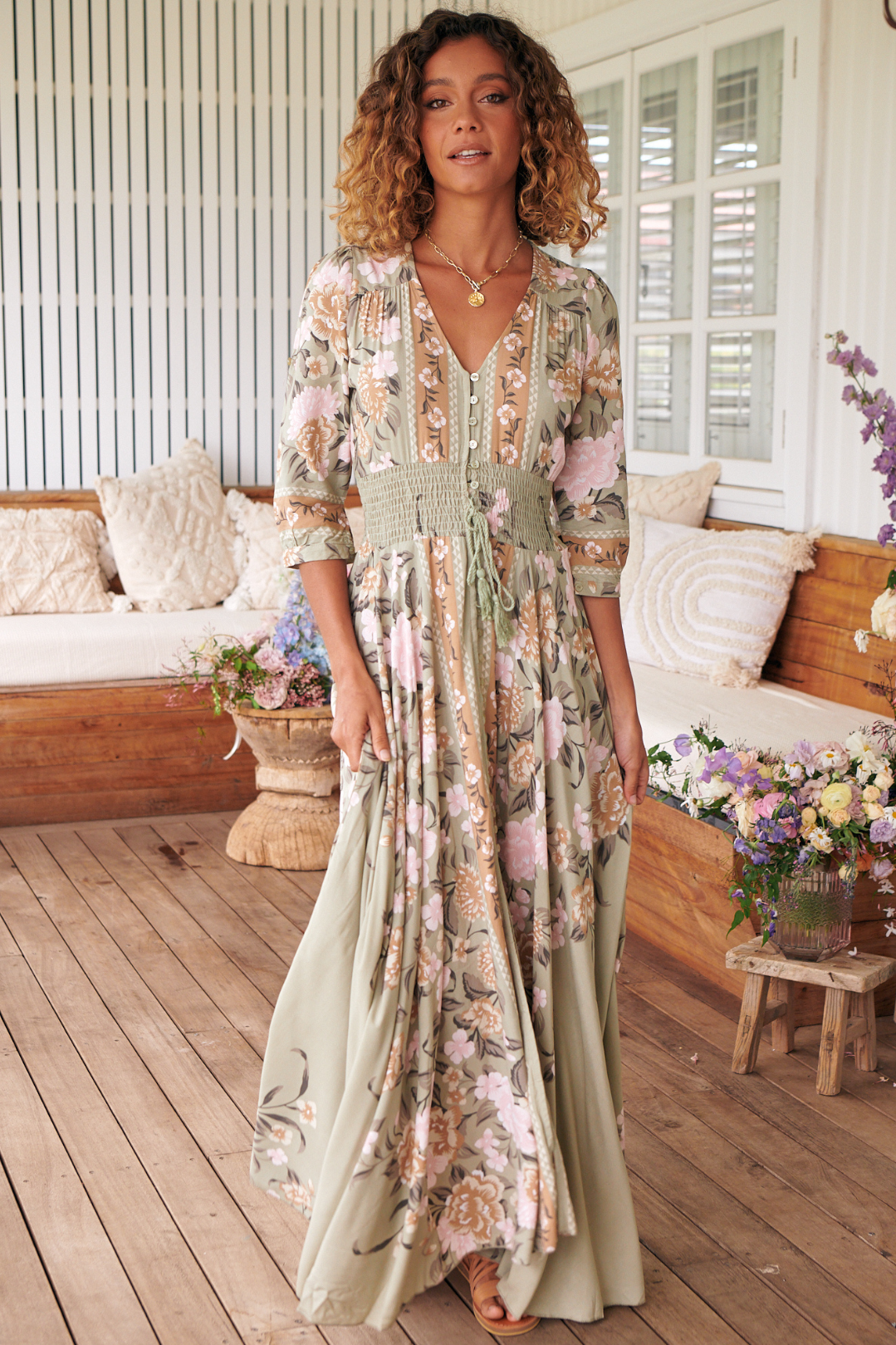 JAASE - Indiana Maxi Dress: Lace Back Shirred Waist A Line Dress with Handkerchief Hemline in Adore You Print