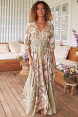 JAASE - Indiana Maxi Dress: Lace Back Shirred Waist A Line Dress with Handkerchief Hemline in Adore You Print