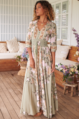 JAASE - Indiana Maxi Dress: Lace Back Shirred Waist A Line Dress with Handkerchief Hemline in Adore You Print
