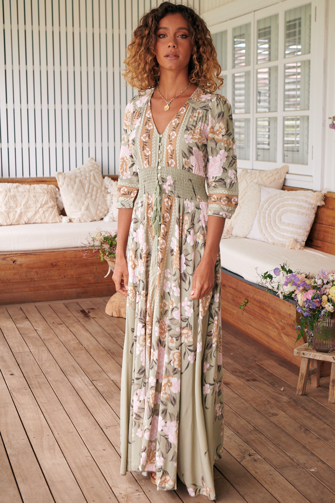 JAASE - Indiana Maxi Dress: Lace Back Shirred Waist A Line Dress with Handkerchief Hemline in Adore You Print