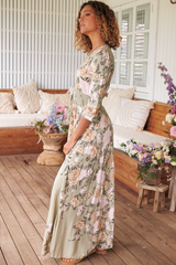 JAASE - Indiana Maxi Dress: Lace Back Shirred Waist A Line Dress with Handkerchief Hemline in Adore You Print