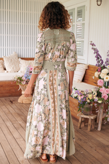 JAASE - Indiana Maxi Dress: Lace Back Shirred Waist A Line Dress with Handkerchief Hemline in Adore You Print
