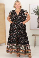 JAASE - Carmen Maxi Dress: Butterfly Cap Sleeve Button Down A Line Dress with Lace Trim in Eternity Print