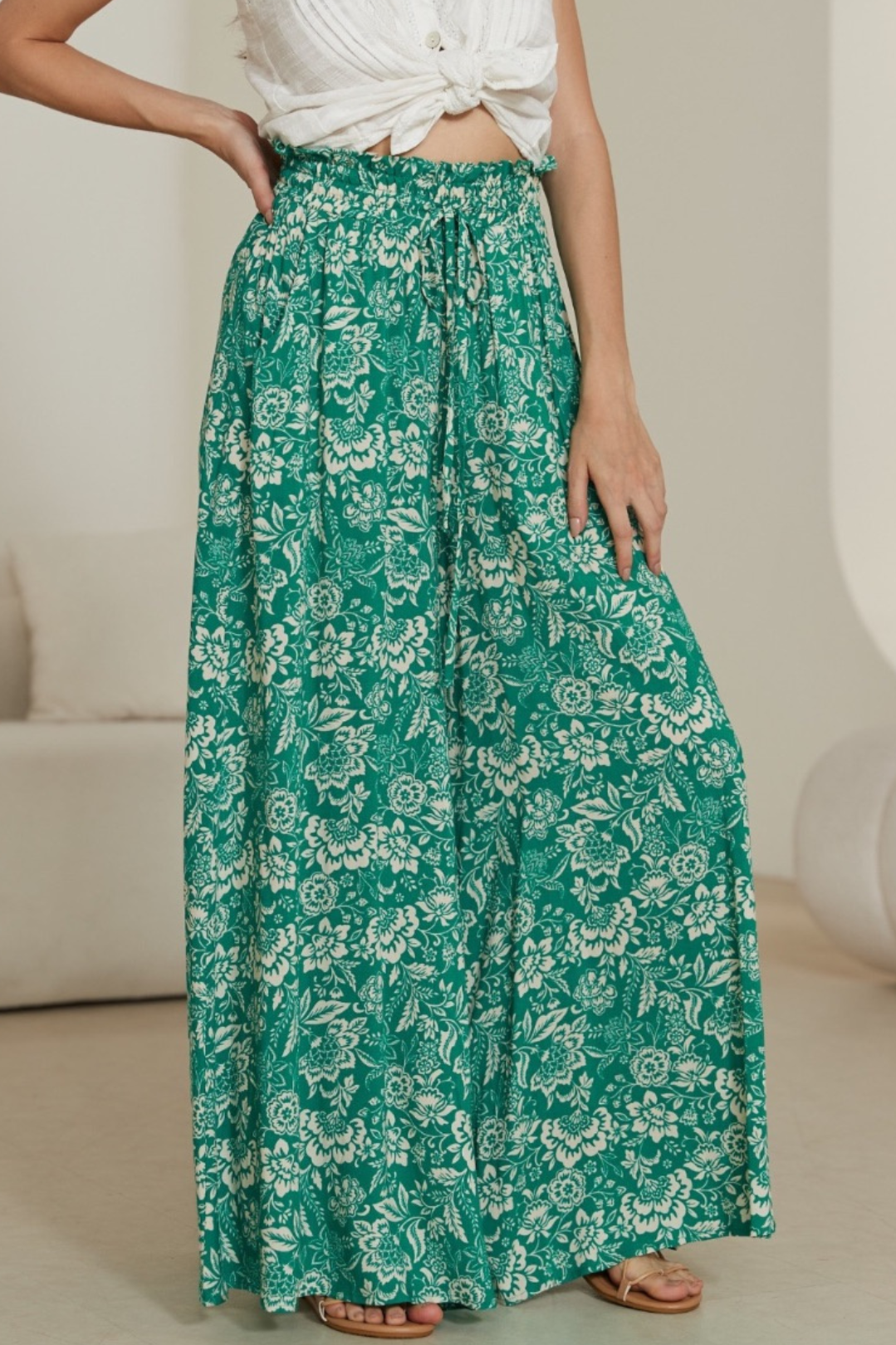 Ferne Pants - Paper Bag High Waisted Wide Leg Pants with Floral Print