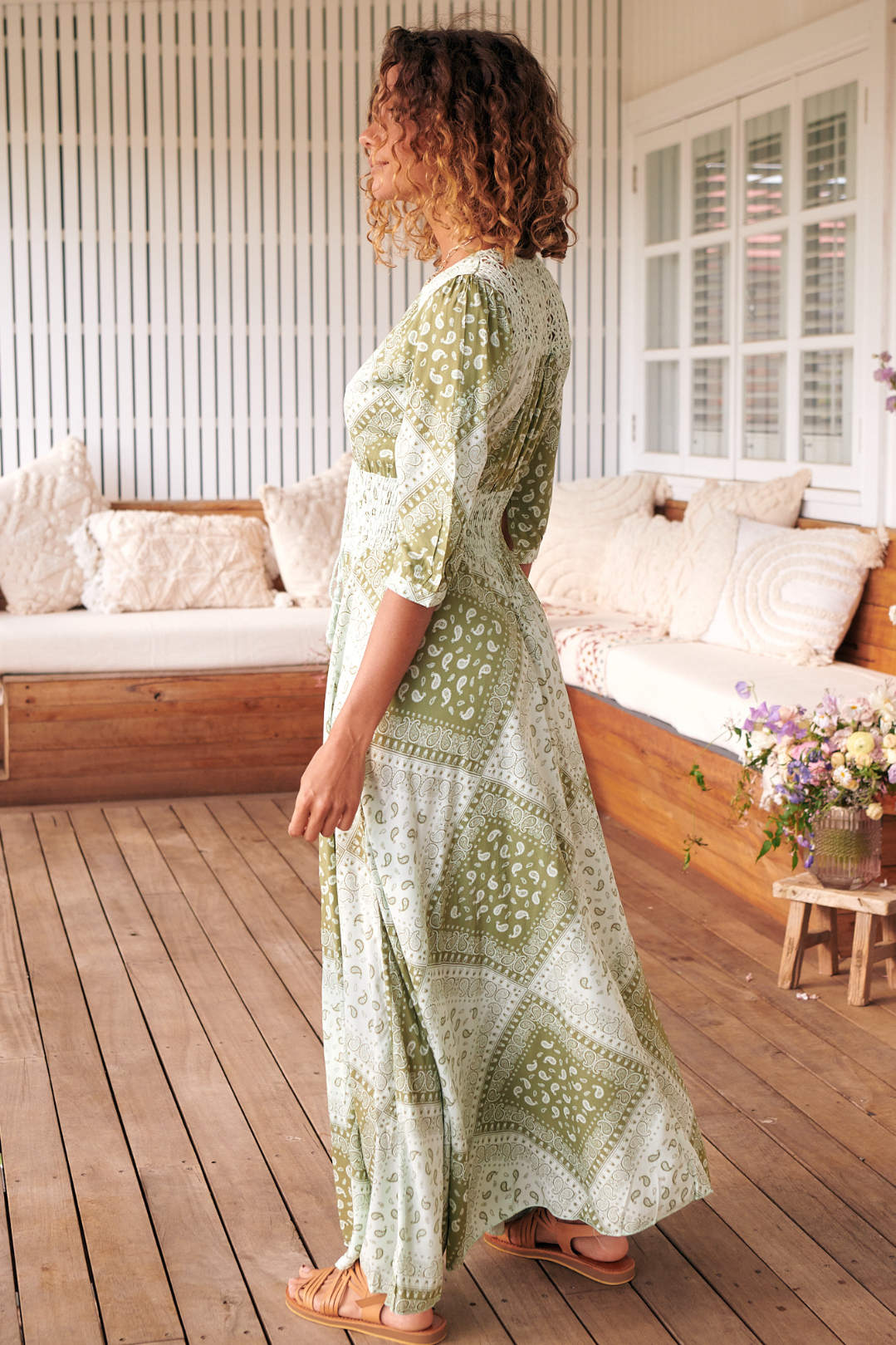 JAASE - Indiana Maxi Dress: Lace Back Shirred Waist A Line Dress with Handkercheif Hemline in Thyme Print