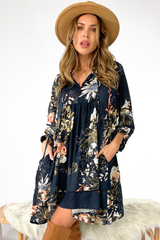 JAASE - Adela Mini Dress: Oversized Smock Dress with Batwing Sleeves in Indigo Print