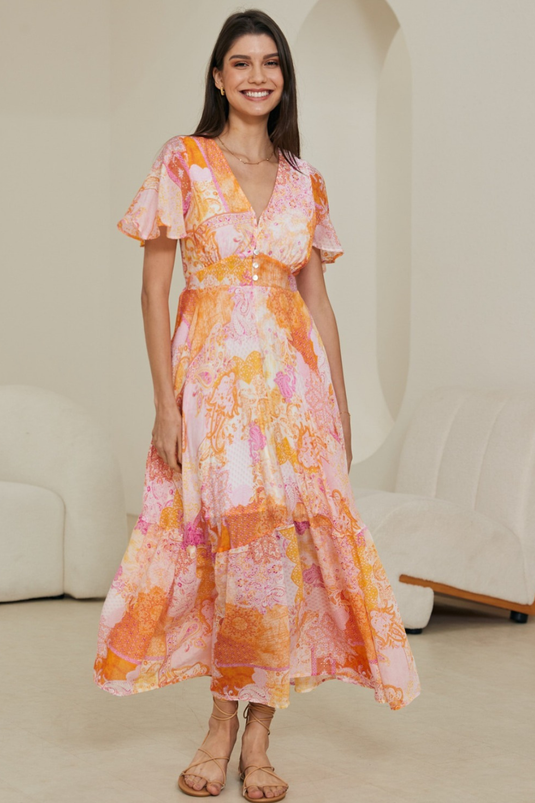 Libby Maxi Dress - Flutter Cap Sleeve Button Waist Detailed A Line Dress in Rara Print