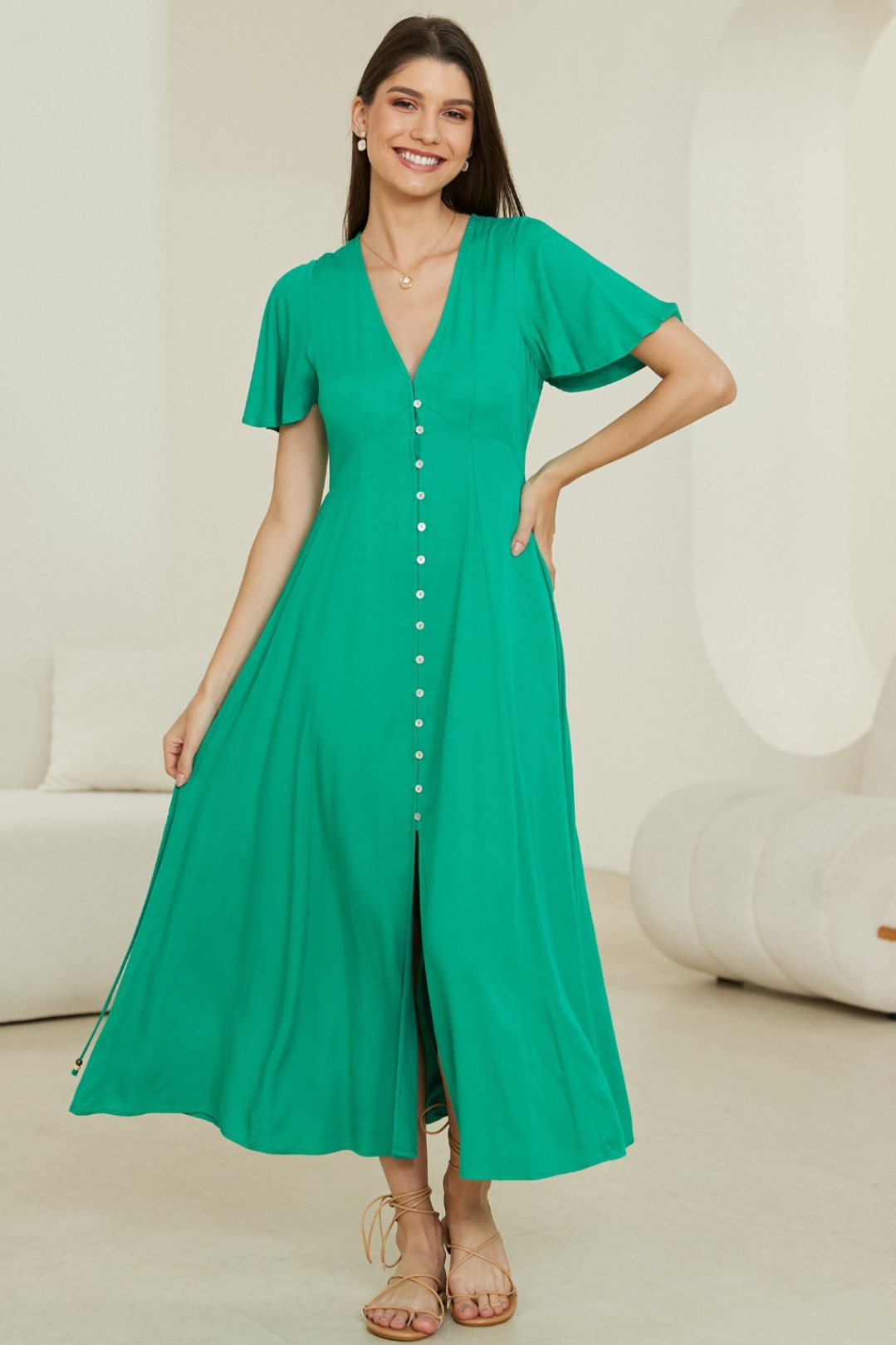 Taylor Maxi Dress - Cap Sleeve Button Down A Line Dress in Green