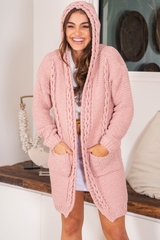 Toolara Cardigan - Thick Cable Knit Hooded Cardigan with Pocket in Pink