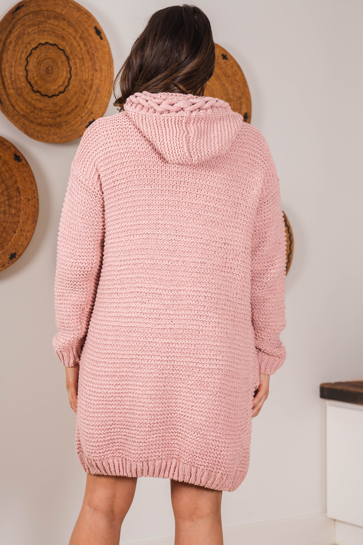 Toolara Cardigan - Thick Cable Knit Hooded Cardigan with Pocket in Pink