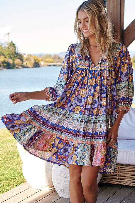 JAASE - French Mini Dress: Yoke Neckline Dress with Matching Belt in Eden Print