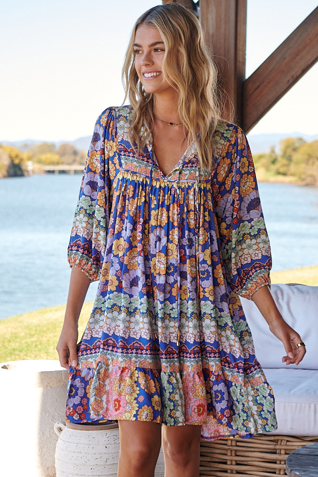 JAASE - French Mini Dress: Yoke Neckline Dress with Matching Belt in Eden Print