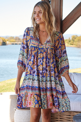 JAASE - French Mini Dress: Yoke Neckline Dress with Matching Belt in Eden Print