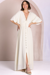 Zyla Maxi Dress -  V Neck Button Down Kimono Sleeve Dress in Cream