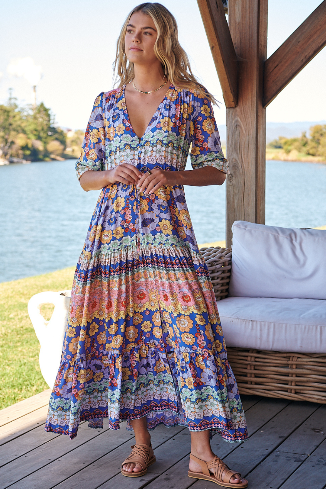 Tessa Maxi Dress Line Pull Tie Waist Dress Eden Print