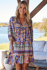 JAASE - French Mini Dress: Yoke Neckline Dress with Matching Belt in Eden Print