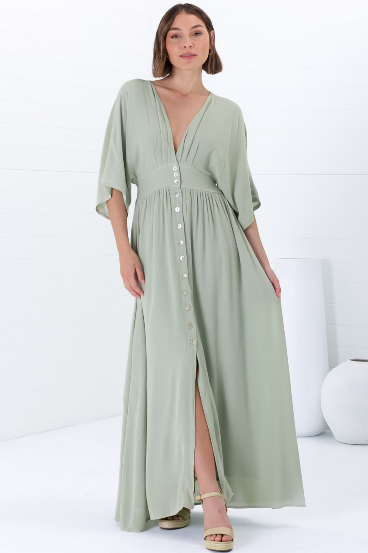 Zyla Maxi Dress -  V Neck Button Down Kimono Sleeve Dress in Mint