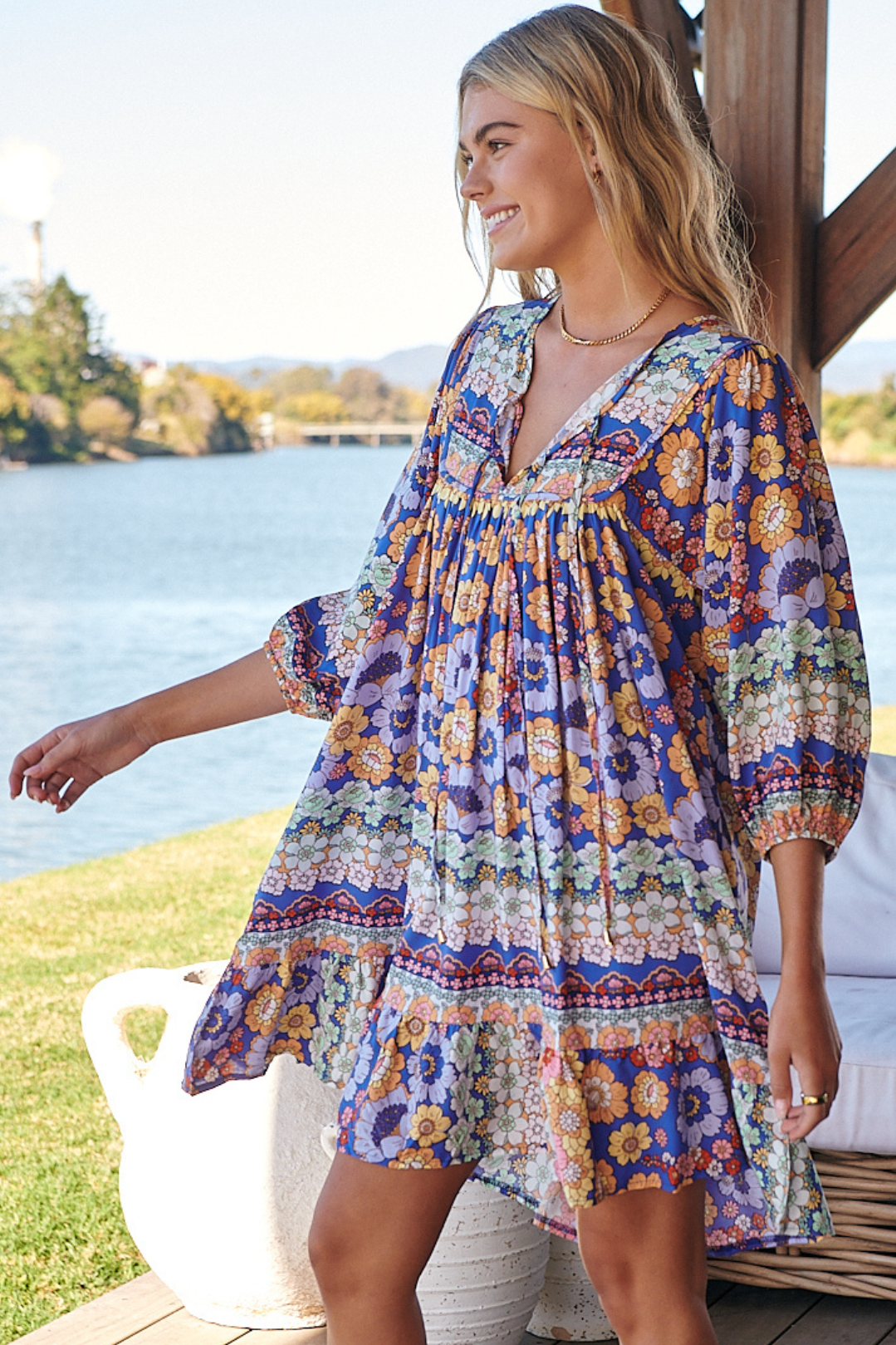JAASE - French Mini Dress: Yoke Neckline Dress with Matching Belt in Eden Print