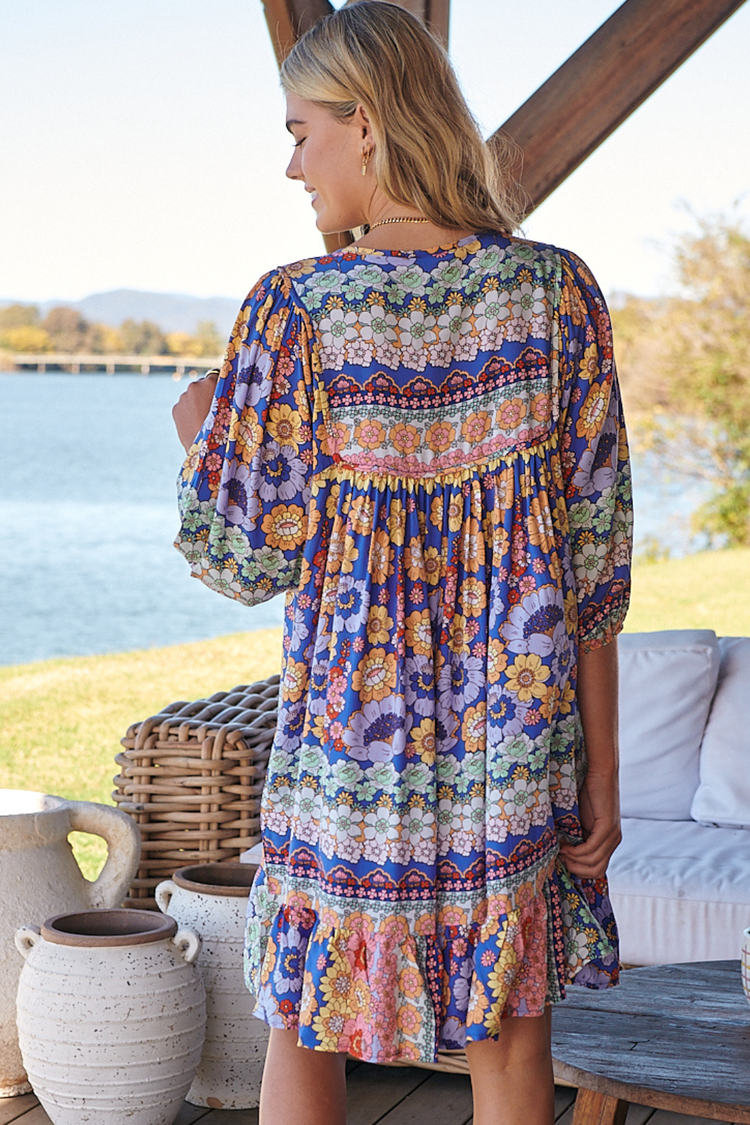 JAASE - French Mini Dress: Yoke Neckline Dress with Matching Belt in Eden Print