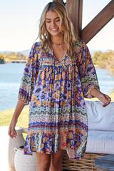 JAASE - French Mini Dress: Yoke Neckline Dress with Matching Belt in Eden Print