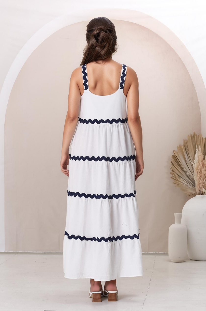 Bailie Maxi Dress - Rick Rack Detailed Sun Dress with Pockets in White