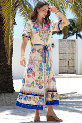Vada Maxi Dress - Short Sleeve Shirt Dress with Matching Belt in Quinlan Print