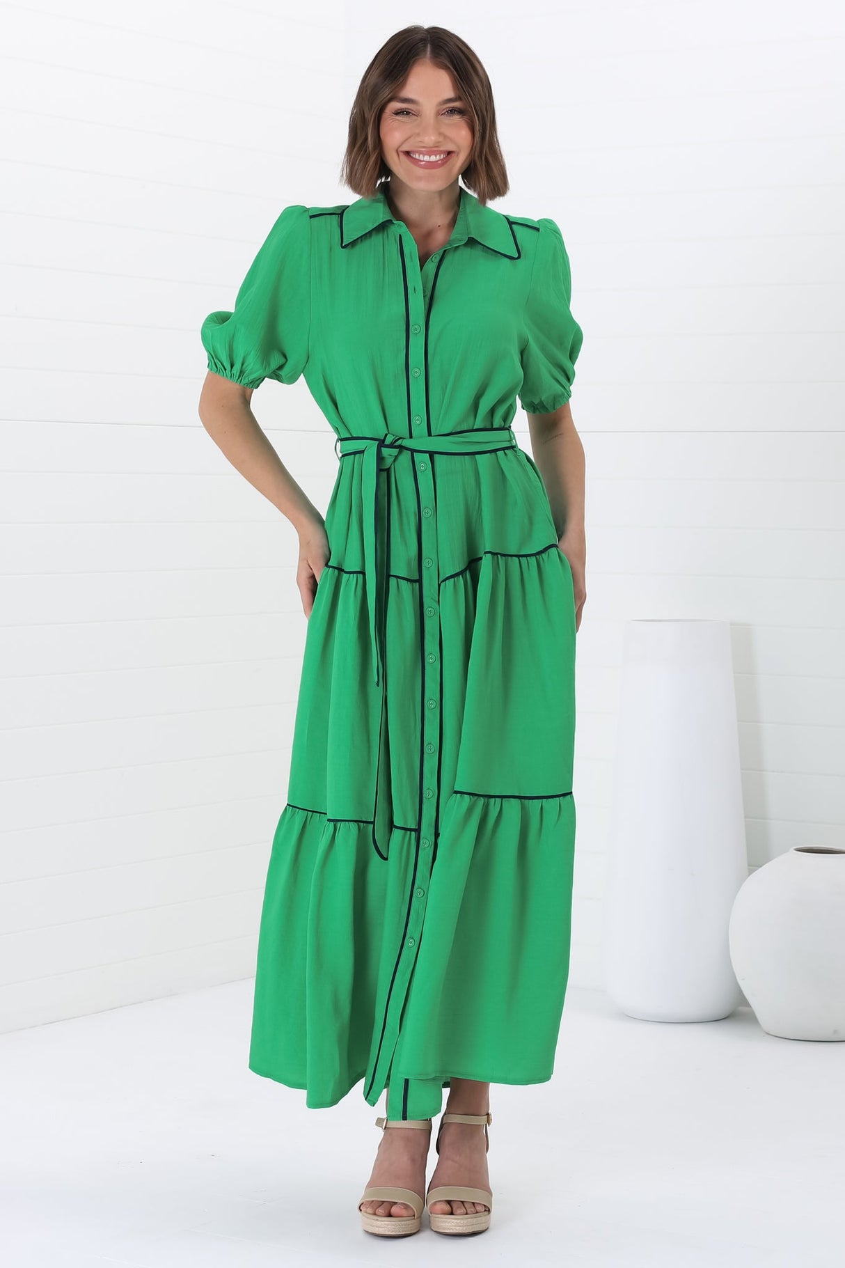 Valencia Maxi Dress - Collared Tiered Button Down Dress with Contrast Trim in Green