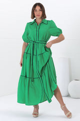 Valencia Maxi Dress - Collared Tiered Button Down Dress with Contrast Trim in Green