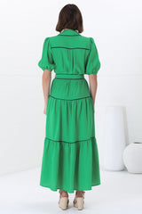 Valencia Maxi Dress - Collared Tiered Button Down Dress with Contrast Trim in Green