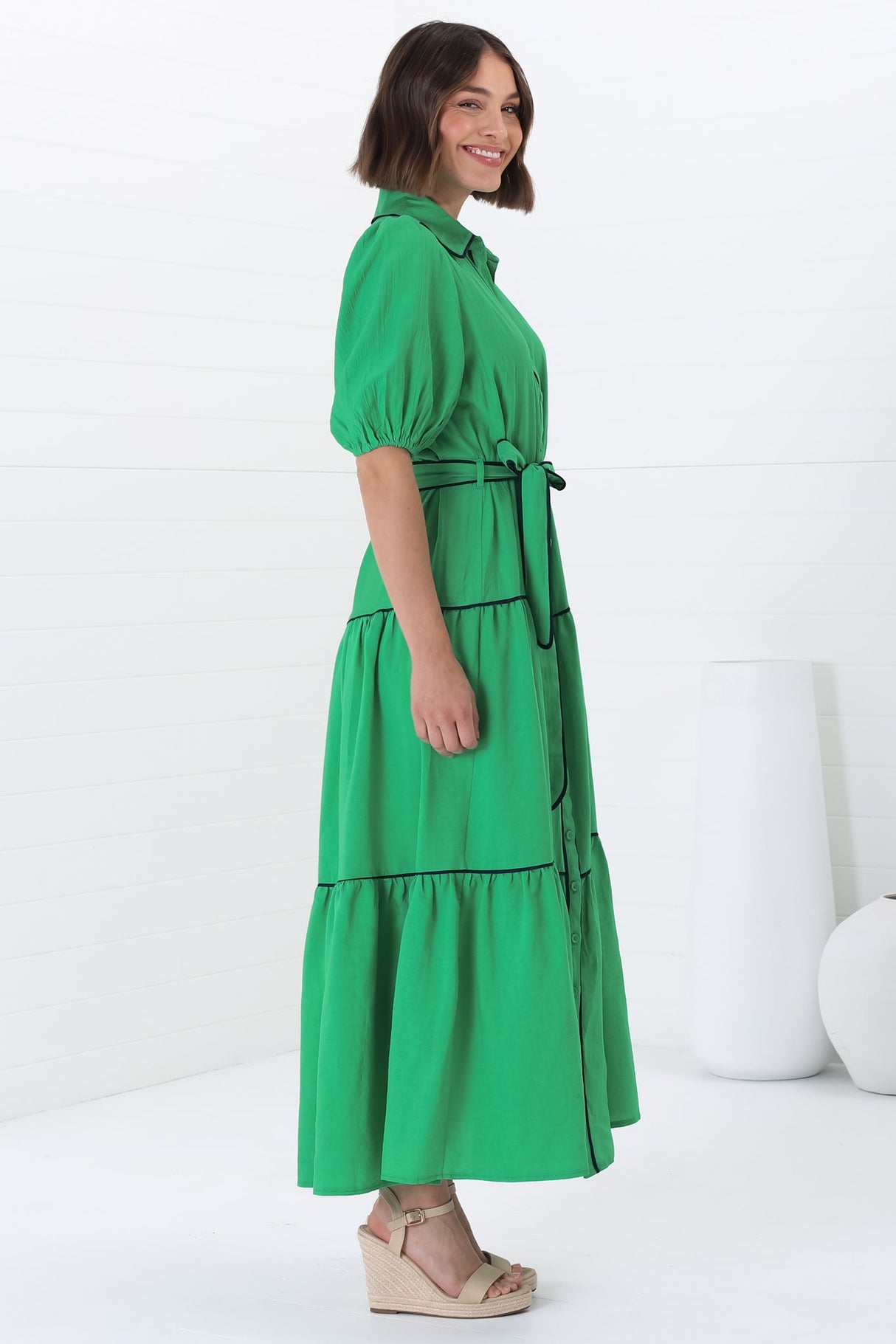 Valencia Maxi Dress - Collared Tiered Button Down Dress with Contrast Trim in Green